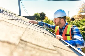 Man in hard hat and high-visibility vest inspecting a roof