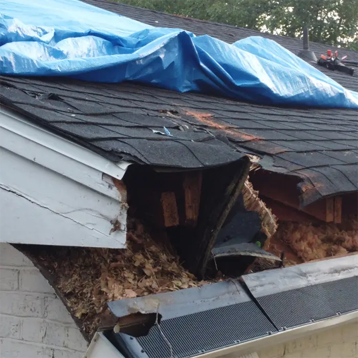 Close up of roof damaged by storm debris